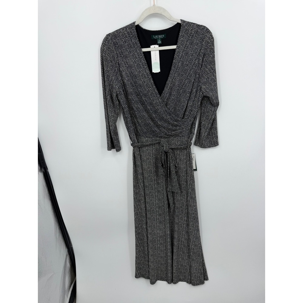 Lauren Ralph Lauren Carlyna Faux Wrap Knit Midi Dress Women 10 Black Herringbone